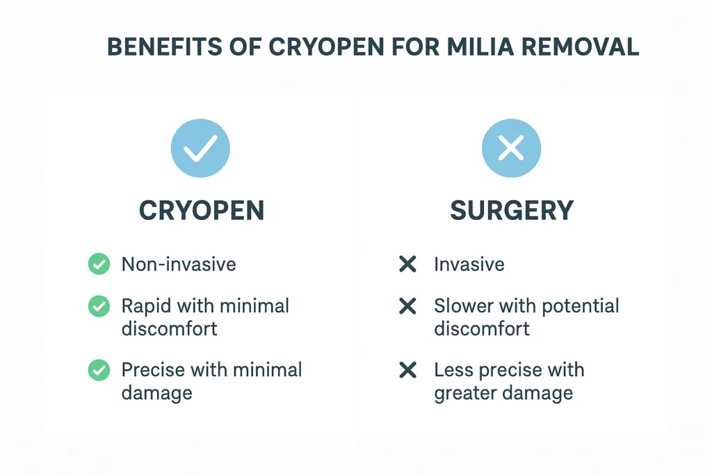 Benefits of cryopen for milia removal Greenock compared to surgical treatments.