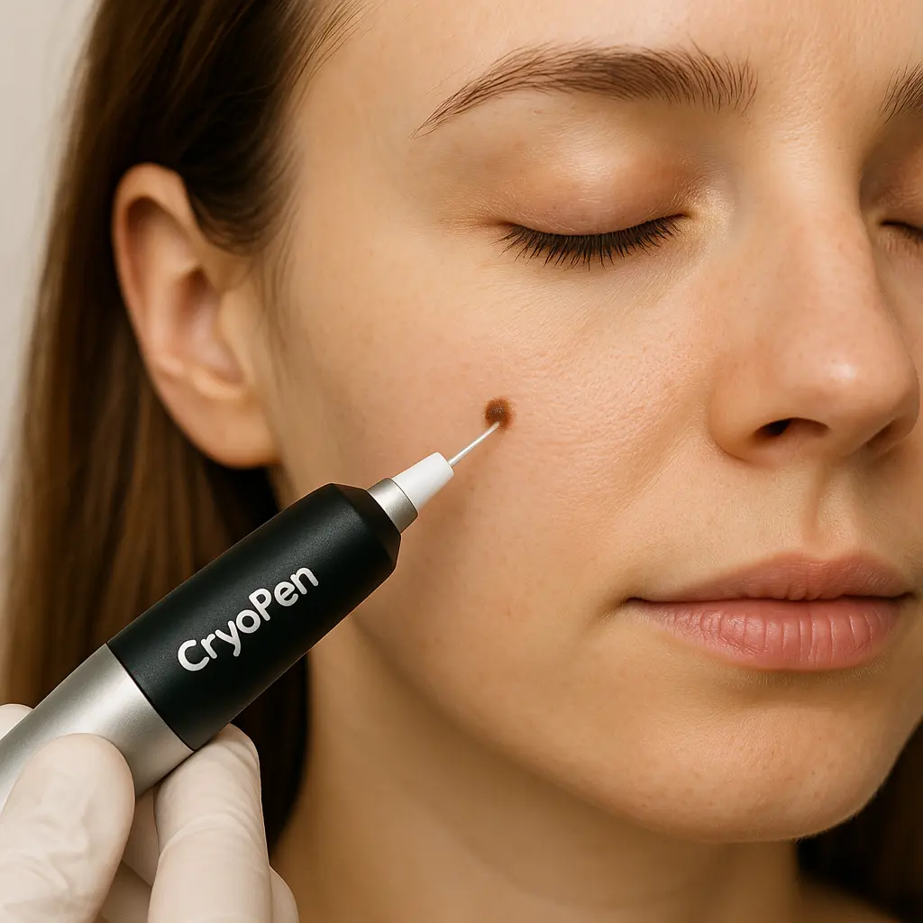 woman receiving facial mole removal Greenock  using cryopen 